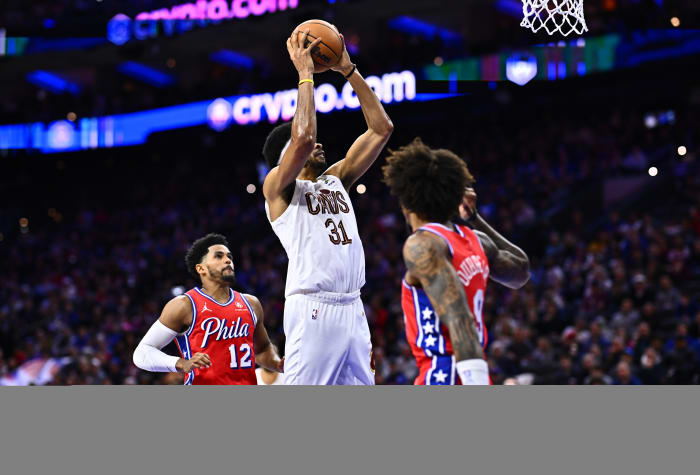 Feb 23, 2024; Philadelphia, Pennsylvania, USA; Cleveland Cavaliers center Jarrett Allen (31) shoots against the Philadelphia 76ers in the second quarter at Wells Fargo Center.